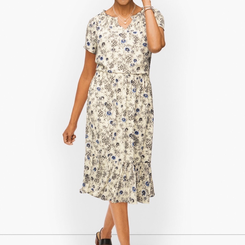 Talbots Smocked Fit & Flare Midi Dress Ivory Blue Floral Size M Euc